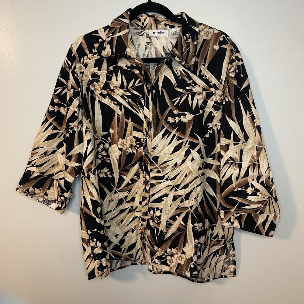 Units Womens Size L Linen Floral Hawaiian Print 3/4 Sleeve Tropical‎ Resortwear
